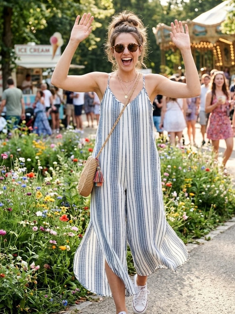 Striped Blue & White Wide-Leg Jumpsuit